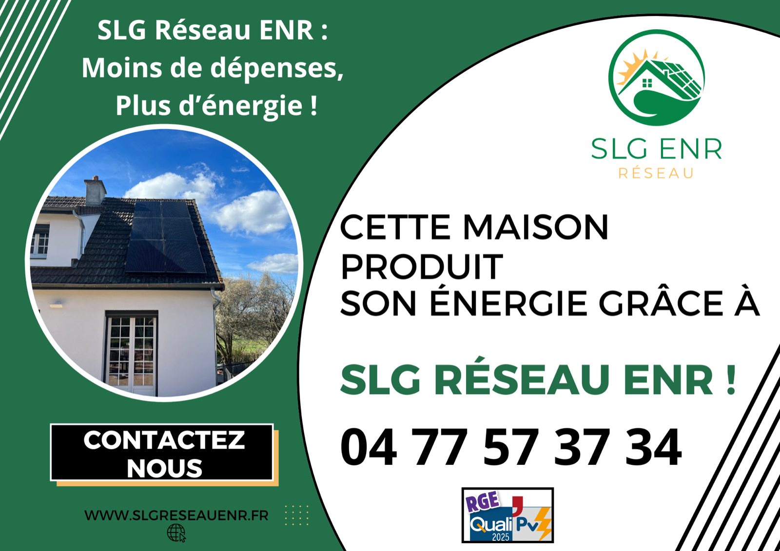 Affiche SLG : maison équipée de panneaux photovoltaïques, « cette maison produit son énergie »