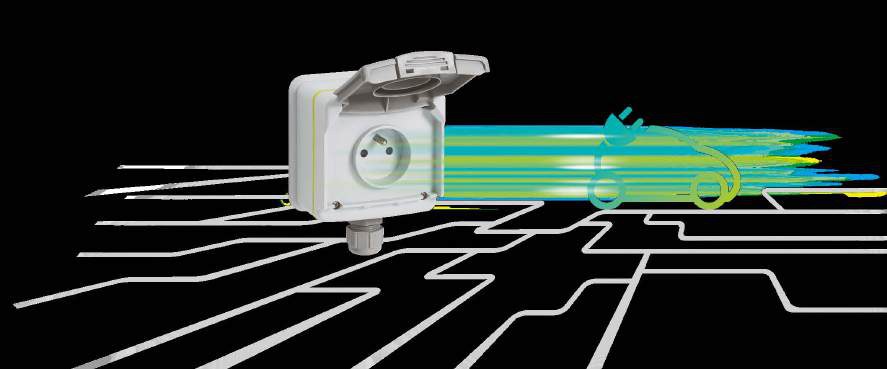 Prise renforcée Legrand Green’UP Access avec illustration de recharge véhicule