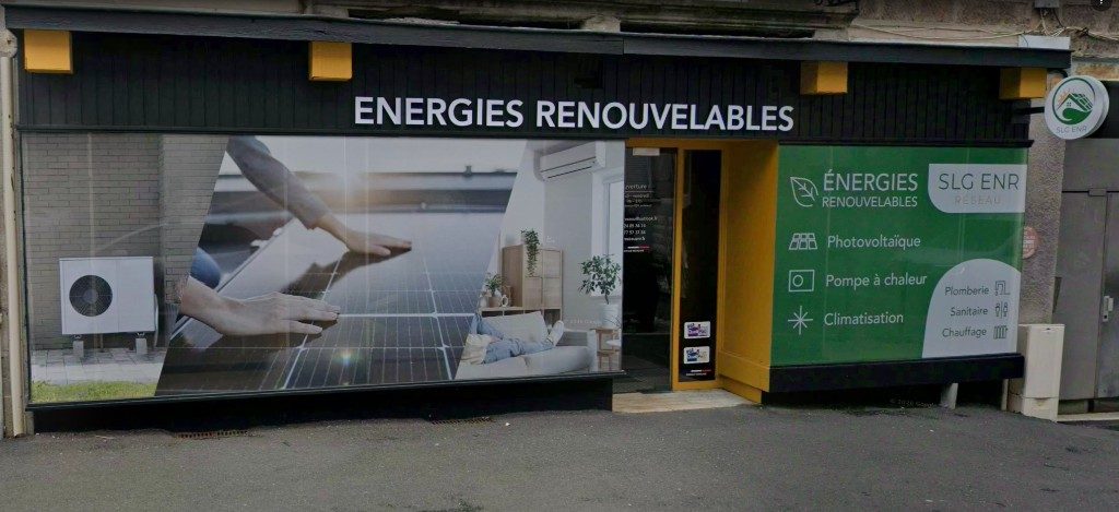 Façade et vitrine du bureau SLG ENR Réseau à Roche-la-Molière (Loire) — énergies renouvelables, photovoltaïque, pompe à chaleur et climatisation