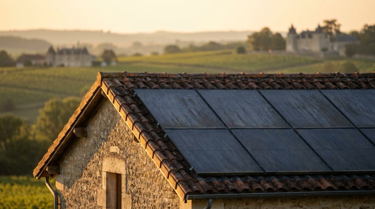 Panneaux solaires sur toiture en tuiles d’une maison en pierre, paysage de campagne au soleil couchant