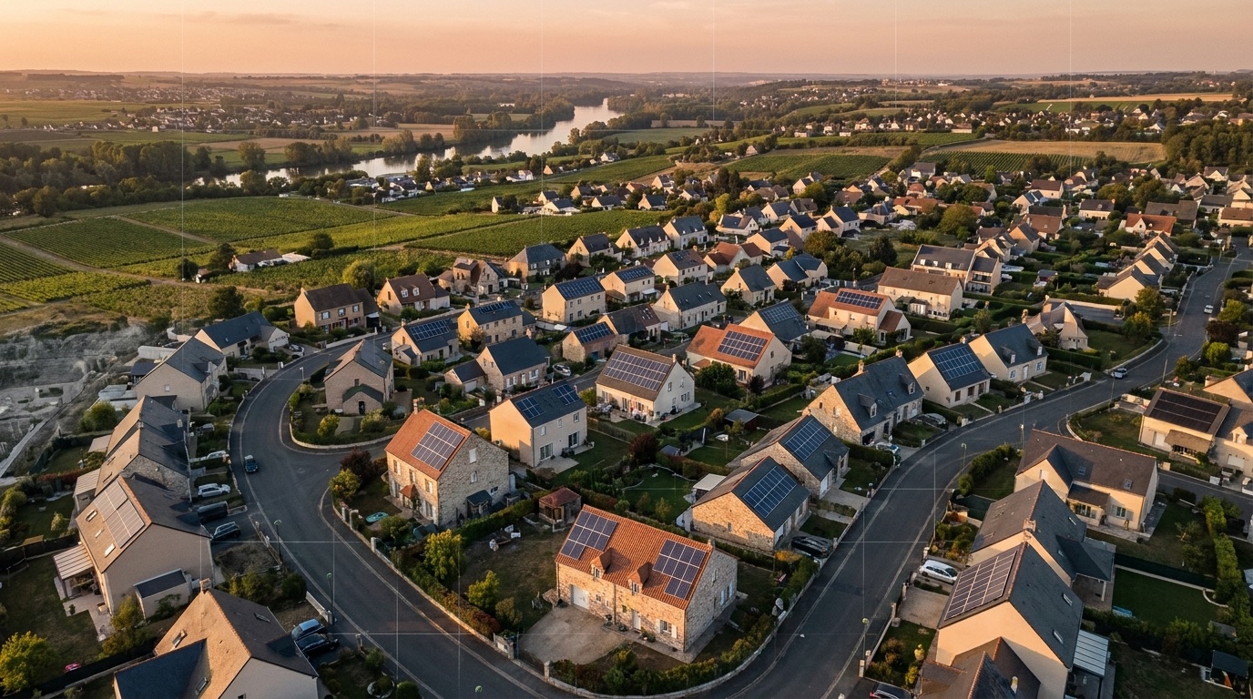 Vue satellite indicative d’une toiture résidentielle pour simulation solaire